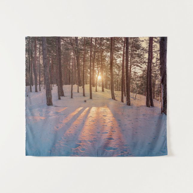 Sunset in snowy winter pine forest tapestry (Front (Horizontal))