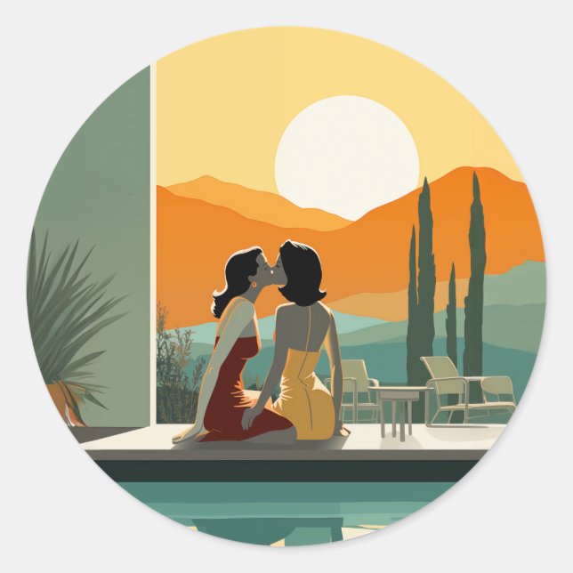Sunset Kiss By The Pool Classic Round Sticker (Front)
