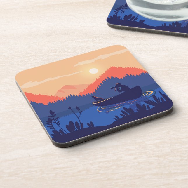 Sunset Lake Canoe Illustration Coaster (Left Side)