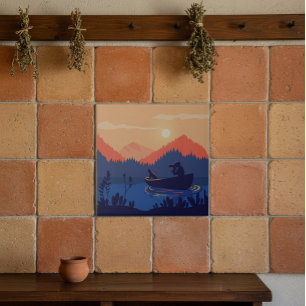 Sunset Lake Canoe Illustration Tile