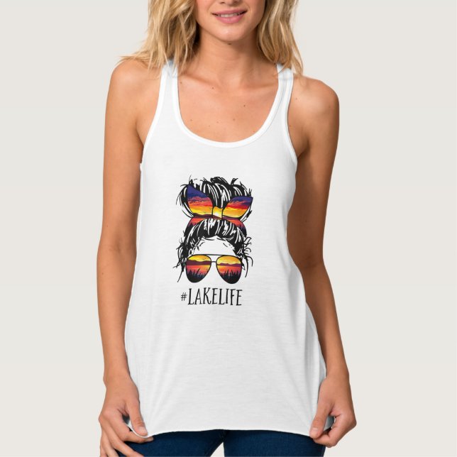 Sunset #Lake Life Messy Bun Tank Top  (Front)