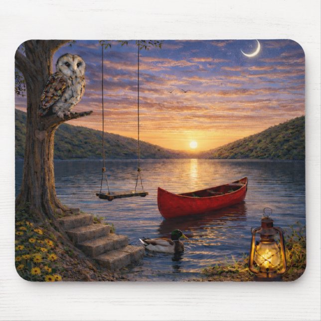 Sunset Lake Owl Canoe Mouse Pad (Front)