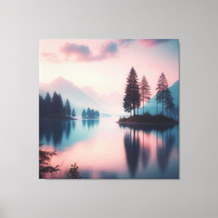 Sunset Lake Reflection Scene, Serene Mountains Canvas Print