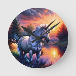 Sunset Lake River Unicorn Seven Round Clock