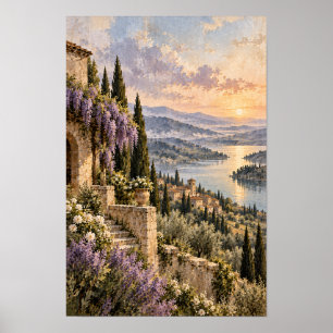 Sunset Lakeside Village with Wisteria and Cypress Poster