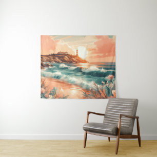 Sunset Lighthouse Ocean Beach Boho Floral Tapestry