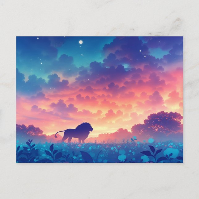 Sunset Lion Silhouette Indigo Forest Postcard (Front)