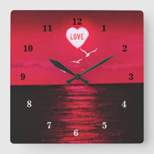 Sunset Love - Romantic - Black Red - Personalised Square Wall Clock