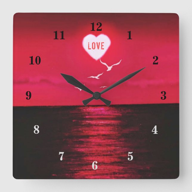 Sunset Love - Romantic - Black Red - Personalised Square Wall Clock (Front)