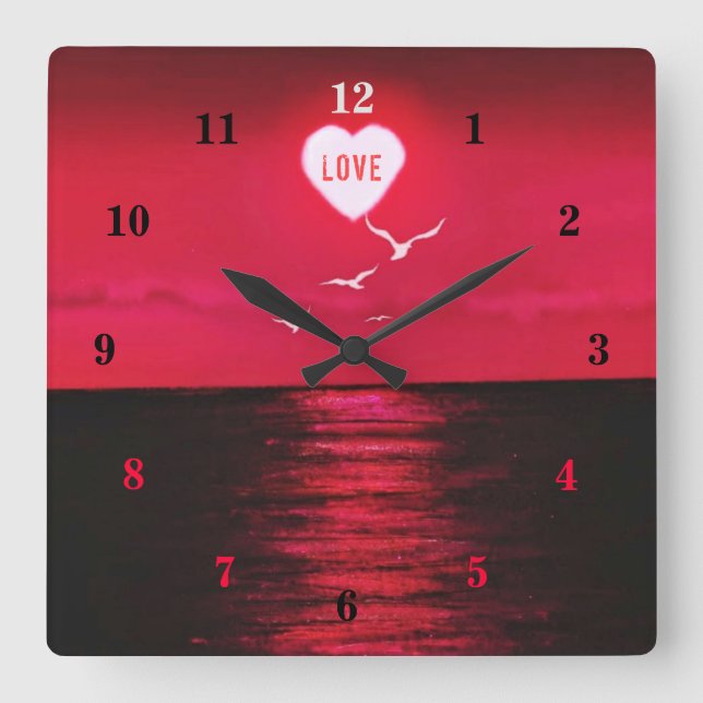 Sunset Love - Romantic - Black Red - Personalised Square Wall Clock (Front)