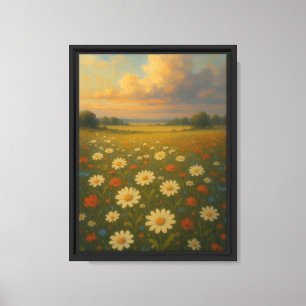 Sunset Meadow Canvas With Daisies & Wildflowers Print