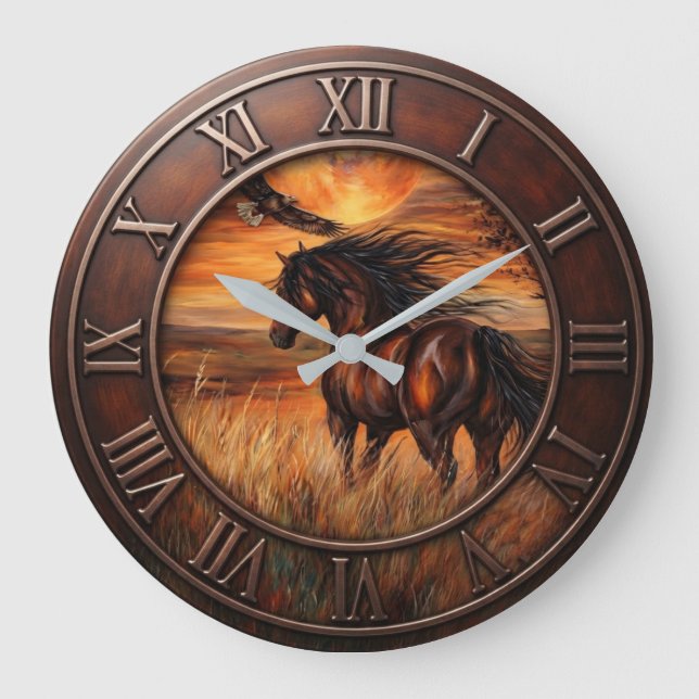 Sunset Meadow Horse Rustic Equestrian Eagle Timepi Large Clock (Front)