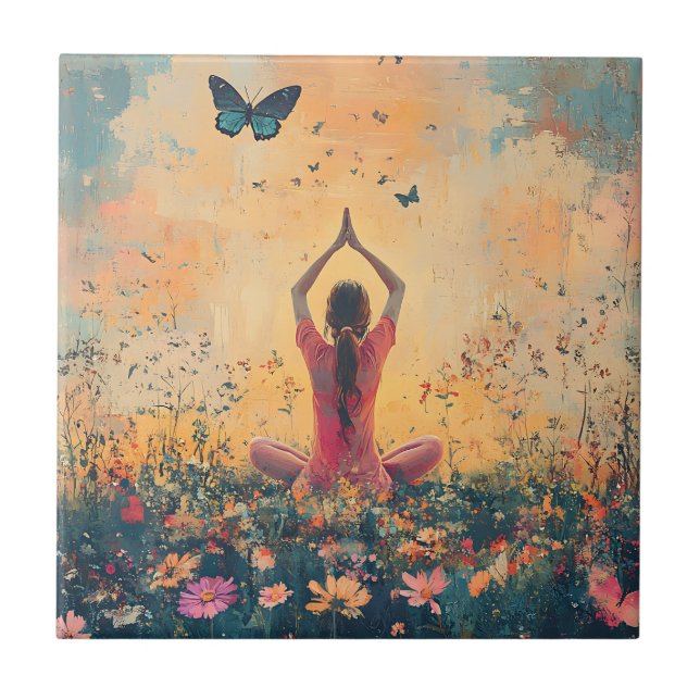 Sunset Meadow Meditation with Butterflies (1) Tile (Front)