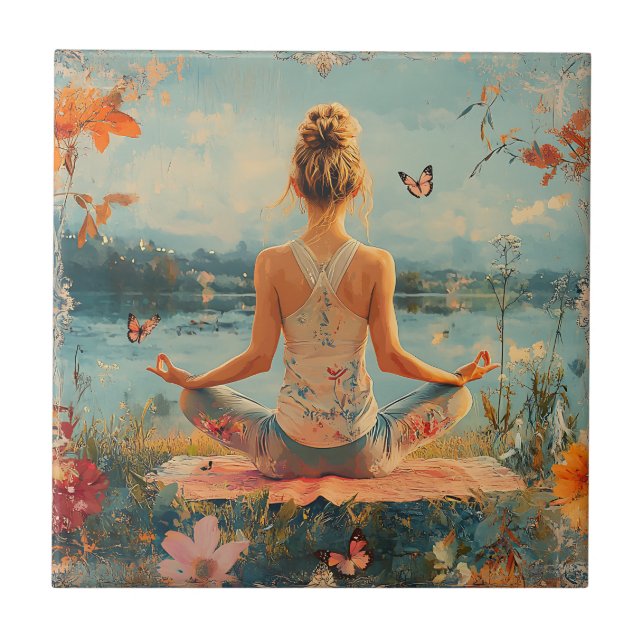 Sunset Meadow Meditation with Butterflies (2) Tile (Front)