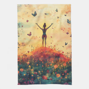 Sunset Meadow Meditation with Butterflies (4) Tea Towel