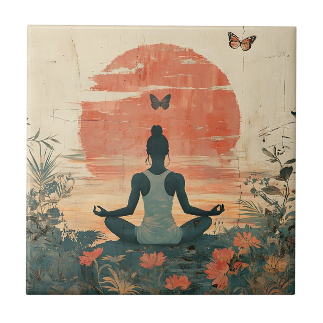 Sunset Meadow Meditation with Butterflies (5) Tile (Front)