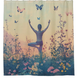 Sunset Meadow Meditation with Butterflies (7) Shower Curtain