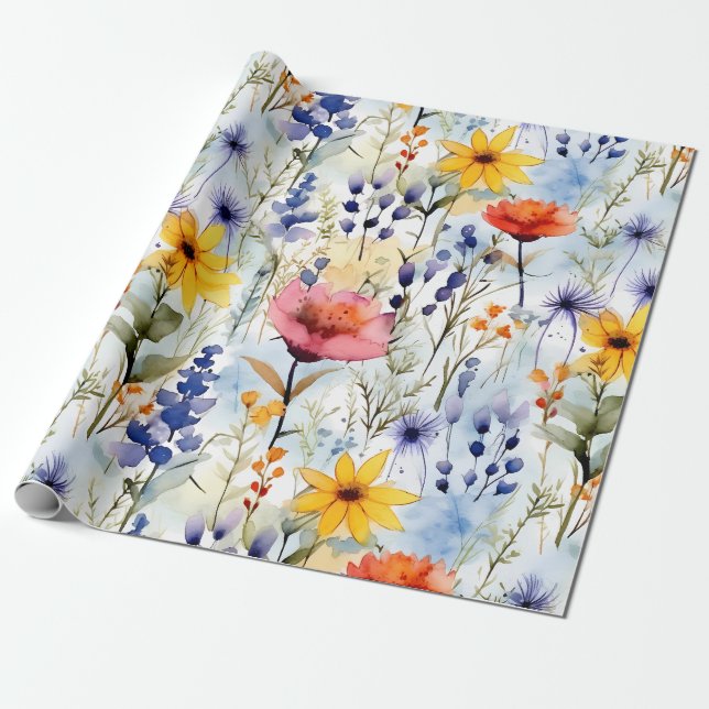 Sunset Meadow Watercolor Wildflower Pattern Wrapping Paper (Unrolled)