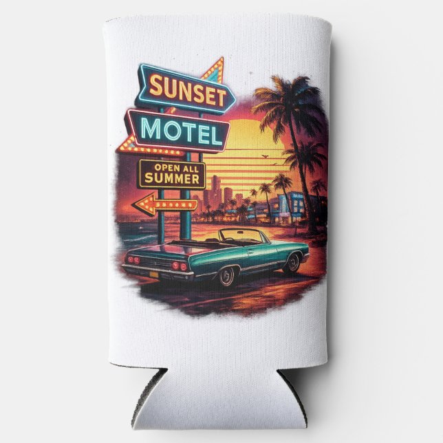 Sunset Motel Open All Night Retro Design Seltzer Can Cooler (Front)