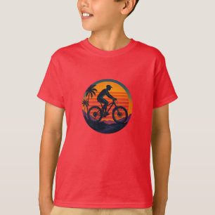 Sunset Mountain Biker Retro Adventure Art T-Shirt