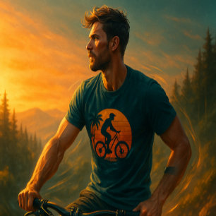 Sunset Mountain Biker Retro Art T-Shirt