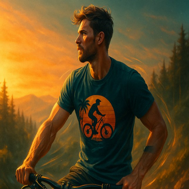 Sunset Mountain Biker Retro Art T-Shirt (Creator Uploaded)