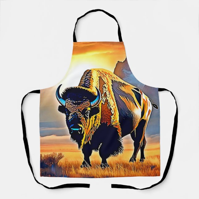 Sunset Mountain Bison Art Design Apron (Front)