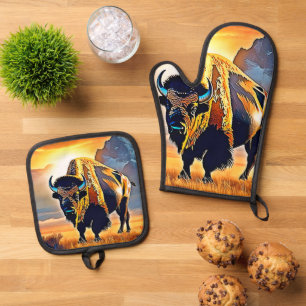 Sunset Mountain Bison Art Design Oven Mitt & Pot Holder Set