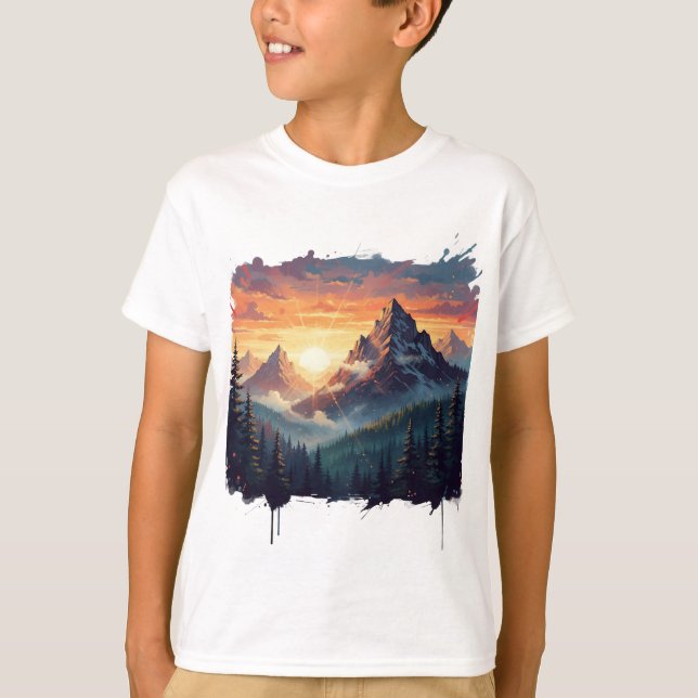 Sunset Mountain Forest Art T-Shirt  (Front)