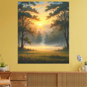 Sunset Mountain Forest Landscape with Two Trees Canvas Print