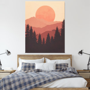 Sunset Mountain Forest Nature Illustration Canvas Print