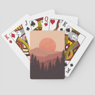 Sunset Mountain Forest Nature Illustration Playing Cards