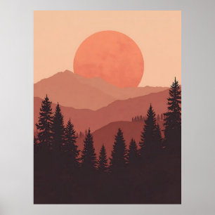 Sunset Mountain Forest Nature Illustration Poster