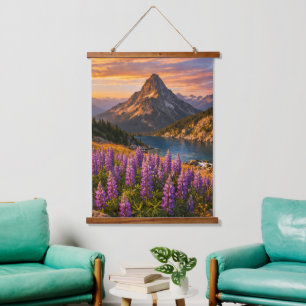 Sunset Mountain Lake and Purple Lupines  Hanging Tapestry