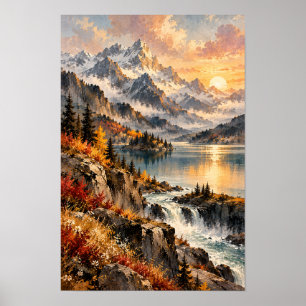 Sunset Mountain Lake and Waterfall Landscape Wall Poster