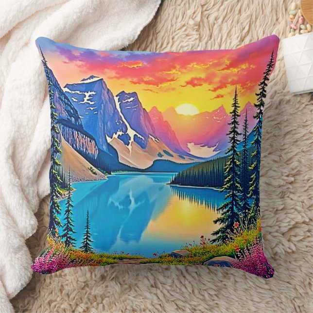 Sunset Mountain Lake Majesty Art Cushion (Blanket)