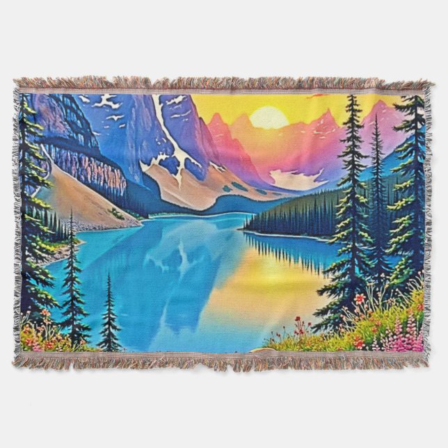 Sunset Mountain Lake Majesty Art Throw Blanket (Front)