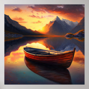 Sunset Mountain Lake with a Red Rowboat Poster