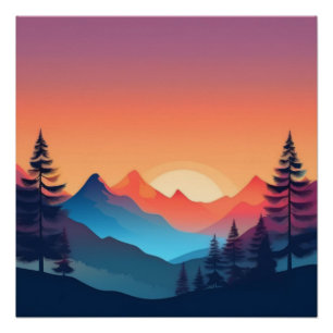 Sunset Mountain Landscape Art Poster