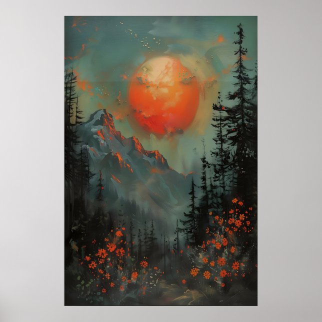 Sunset Mountain Landscape Art Print, Botanical Poster (Front)