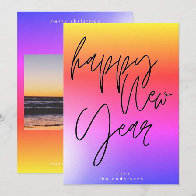 Sunset New Year Bold Gradient Rainbow Happy Photo Holiday Card (Front/Back)