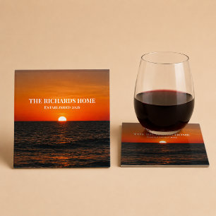 Sunset Ocean Custom Name Glass Coaster