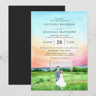 Sunset Ocean Elegant Watercolor Wedding Invitation