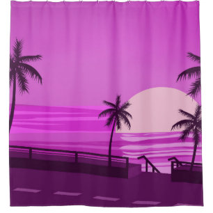 Sunset, ocean, evening, palm trees sea shore, shower curtain