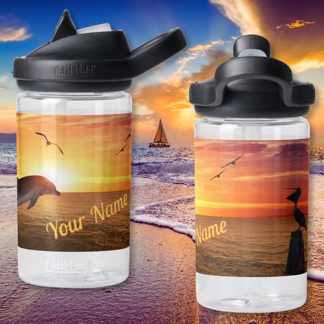 Sunset Ocean Lane, Dolphins, Seagulls, Pelican Water Bottle (Personalized Water Bottle, Beach. Children's water bottles. Ocean Sunset, Dolphins and Pelican.)