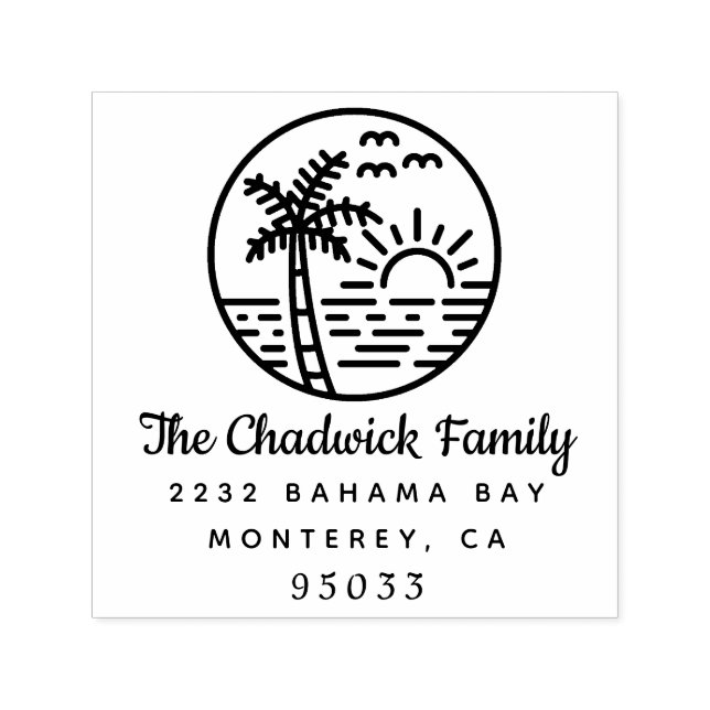 Sunset Ocean Palm Tree Script Family Name Address Self-inking Stamp (Design)