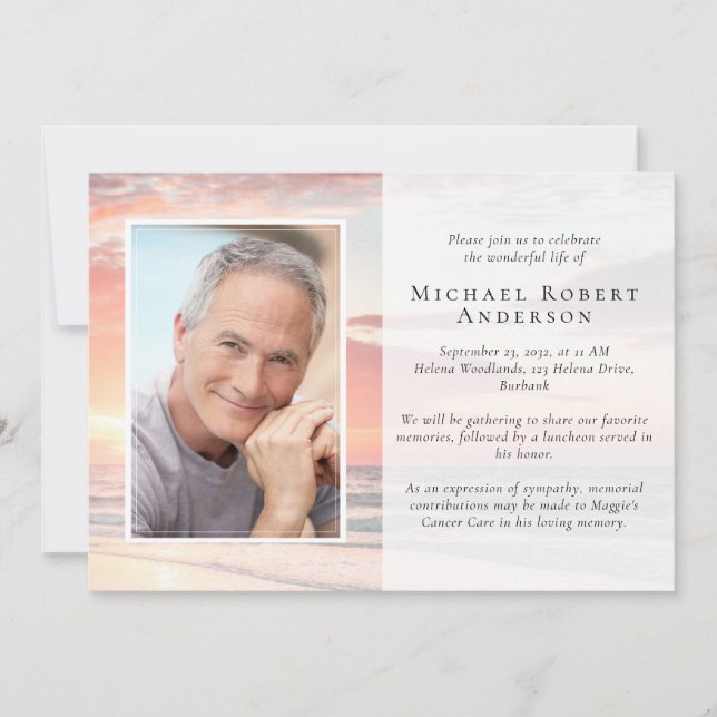 Sunset Ocean Photo Funeral Memorial Service Invita Invitation (Front)