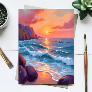 Sunset Ocean Waves Beach Watercolor Painting Postcard