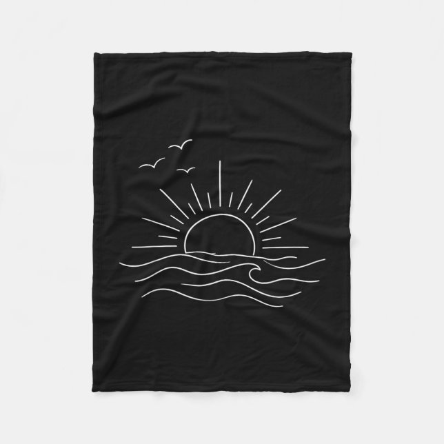Sunset ocean waves minimal line art freedom design fleece blanket (Front)