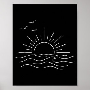 Sunset ocean waves minimal line art freedom design poster